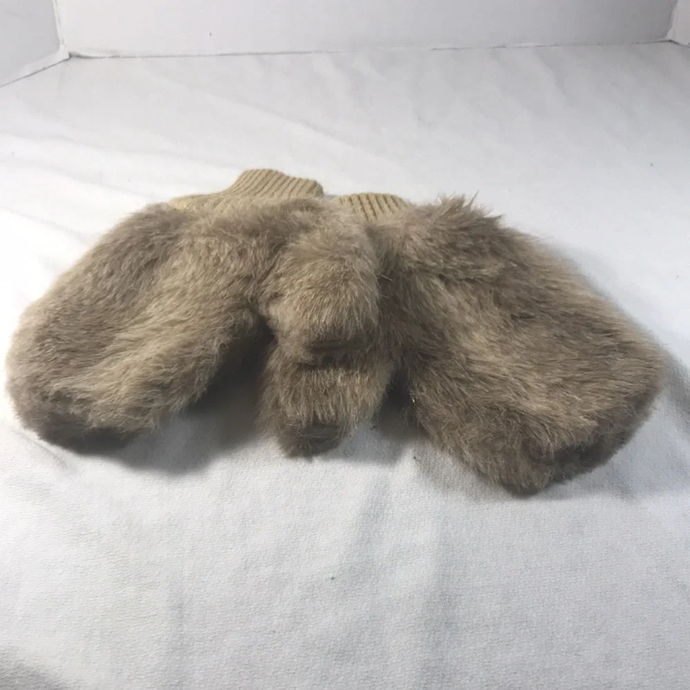 Vintage Unisex Beige Faux Fur Mittens with Ribbed Cuffs & Water-resistant Lining